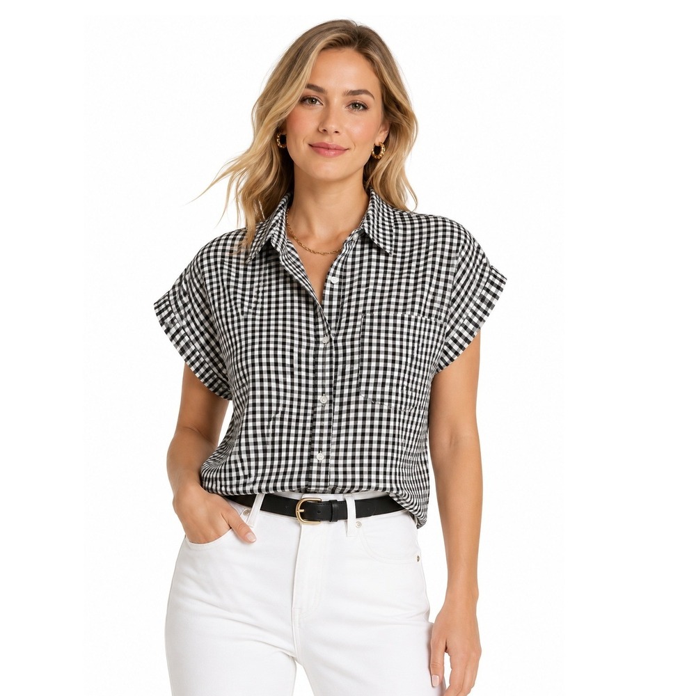 Market & Spruce Delia Wide Cuff Button Down Shirt Black Gingham Small NEW